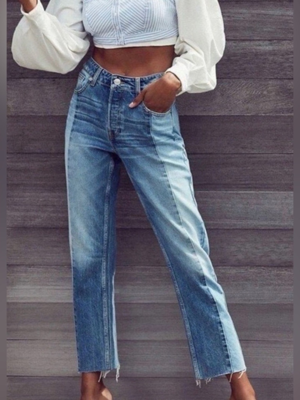 BDG Urban Outfitters Jessye Two Tone Jeans 28 x 32 Colorblock Denim Raw Hem Y2K